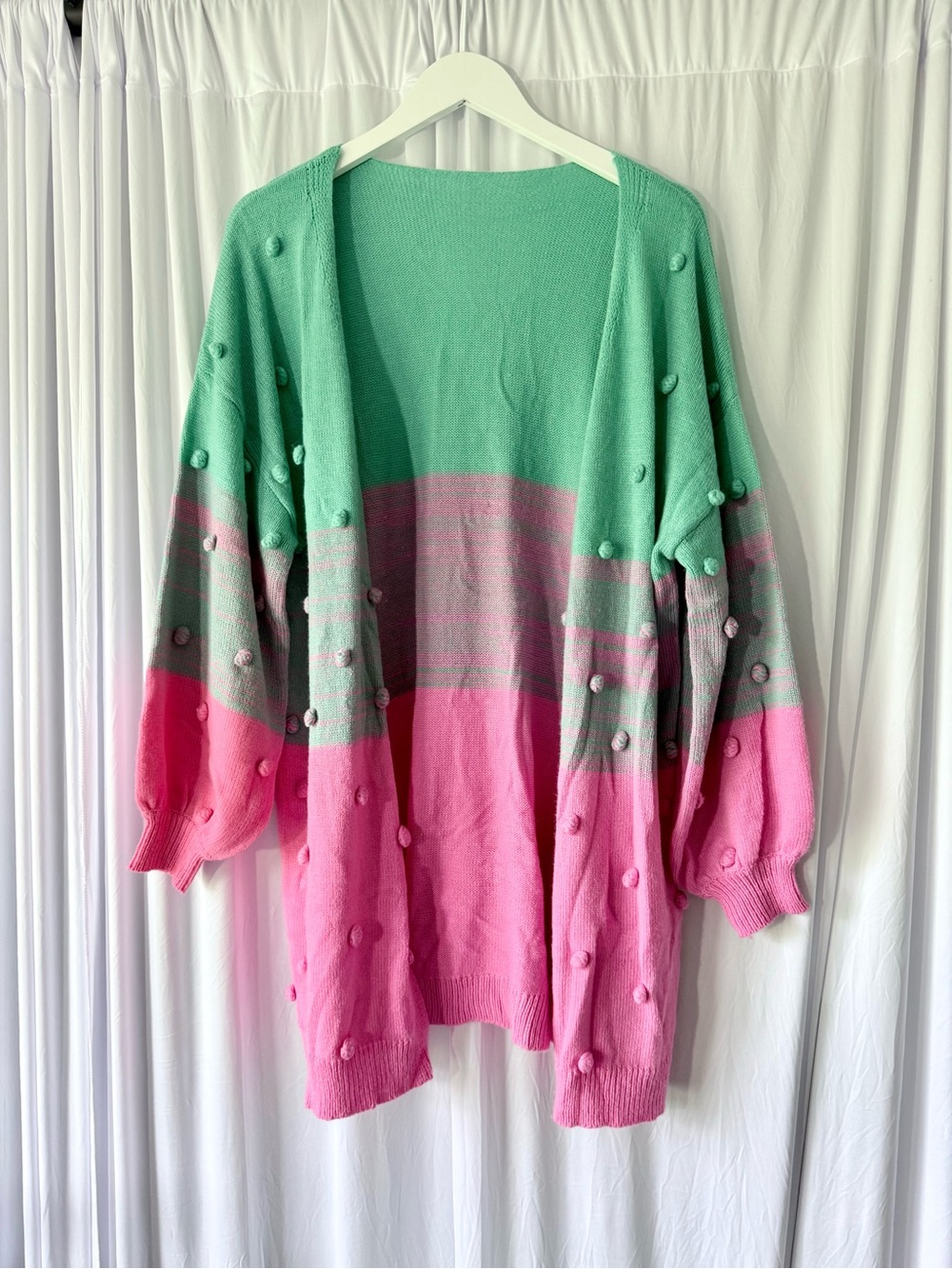 Women's Pink & Mint Oversized Pom-Pom Cardigan Sweater